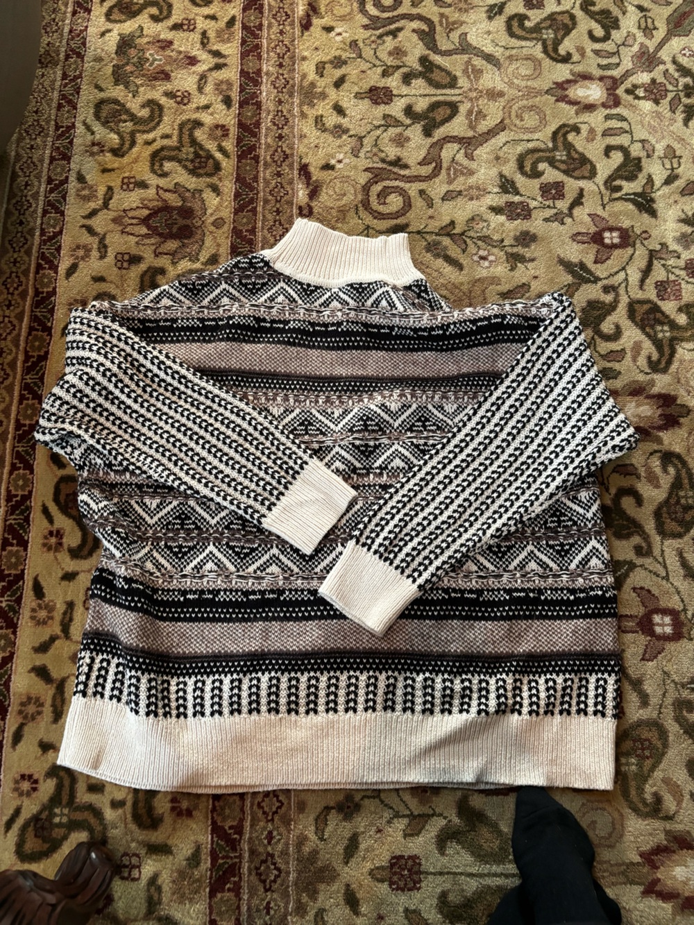 Cream and Brown Patterned Turtleneck Sweater